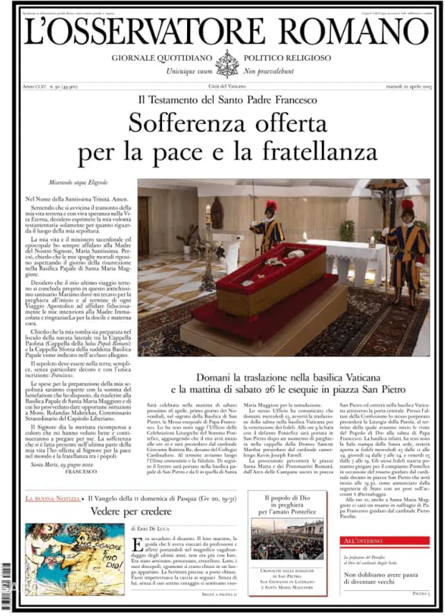 Capa jornal L'Osservatore Romano 2025-04-23