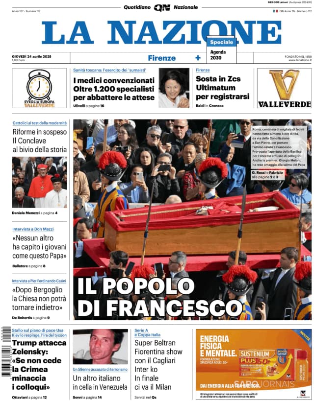 Capa jornal La Nazione 2025-04-24