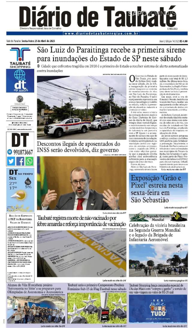 Capa jornal Diário de Taubaté 2025-04-25