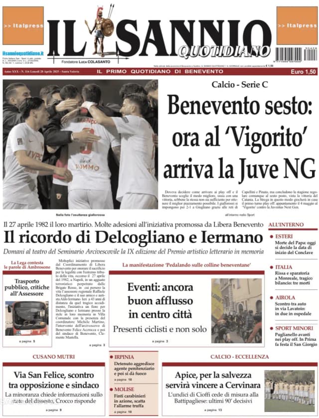 Capa jornal Il Sannio Quotidiano 2025-04-28
