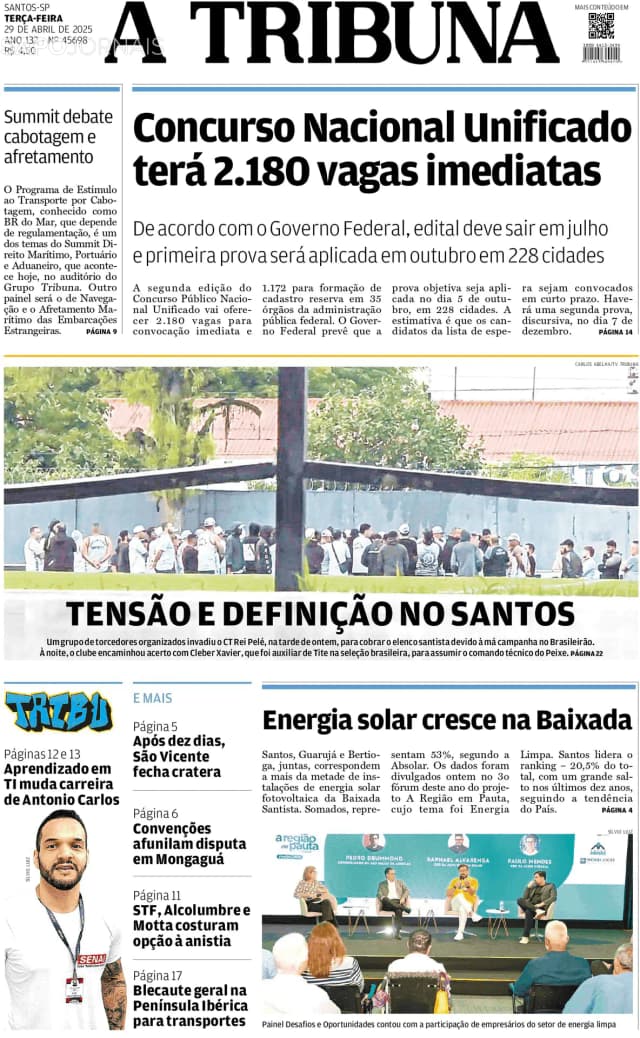 Capa jornal A Tribuna de Santos 2025-04-29