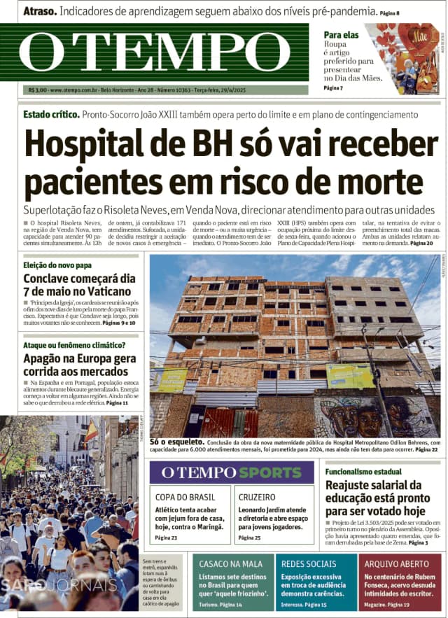 Capa jornal O Tempo 2025-04-29