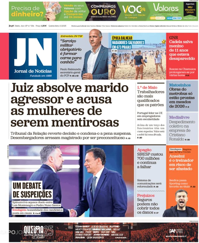 Capa jornal Jornal de Notícias 2025-05-01