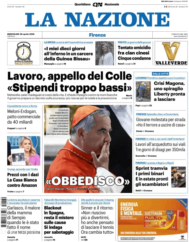 Capa jornal La Nazione 2025-04-30