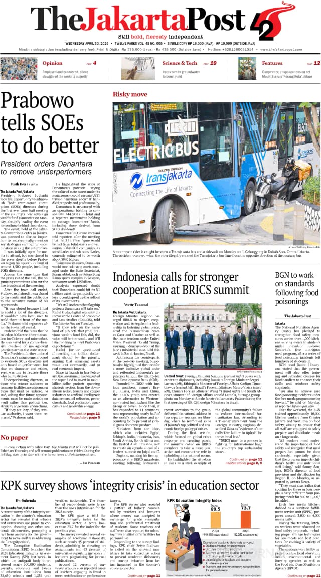 Capa jornal The Jakarta Post 2025-04-30