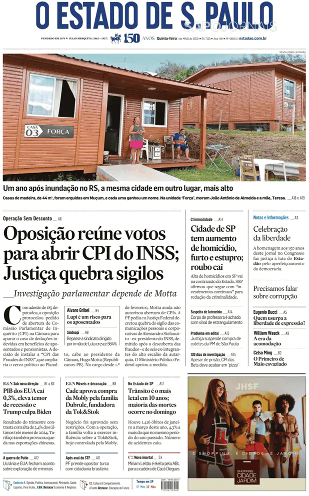 Capa jornal O Estado de S. Paulo 2025-05-01