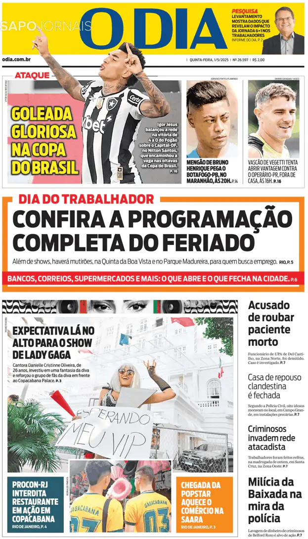 Capa jornal O Dia 2025-05-01