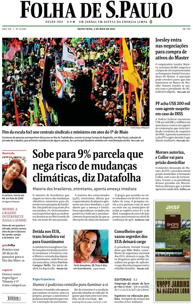 Capa jornal Folha de S. Paulo 2025-05-02