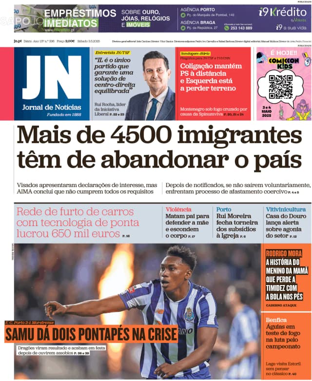 Capa jornal Jornal de Notícias 2025-05-03