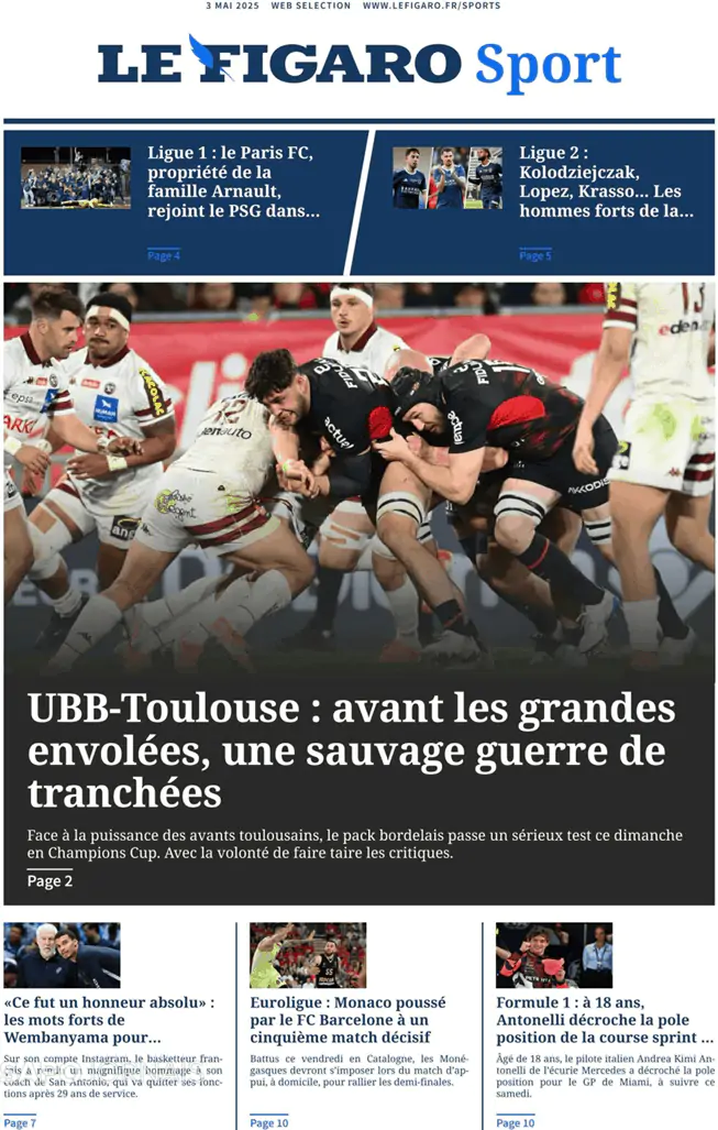 Capa jornal Le Figaro Sport 2025-05-03