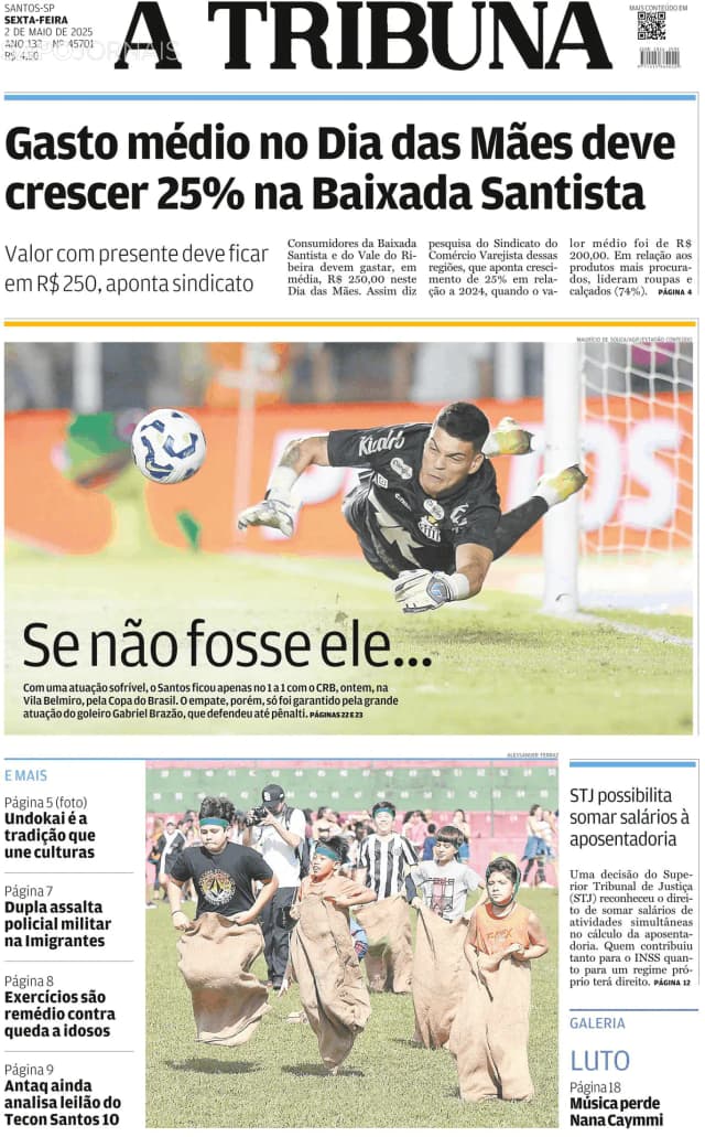 Capa jornal A Tribuna de Santos 2025-05-02