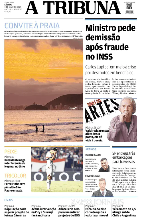Capa jornal A Tribuna de Santos 2025-05-03