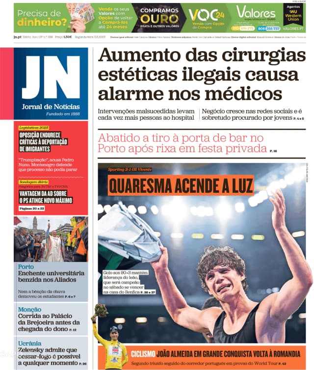 Capa jornal Jornal de Notícias 2025-05-05