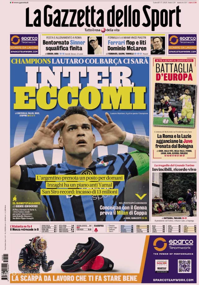 Capa jornal Gazzetta dello Sport 2025-05-05