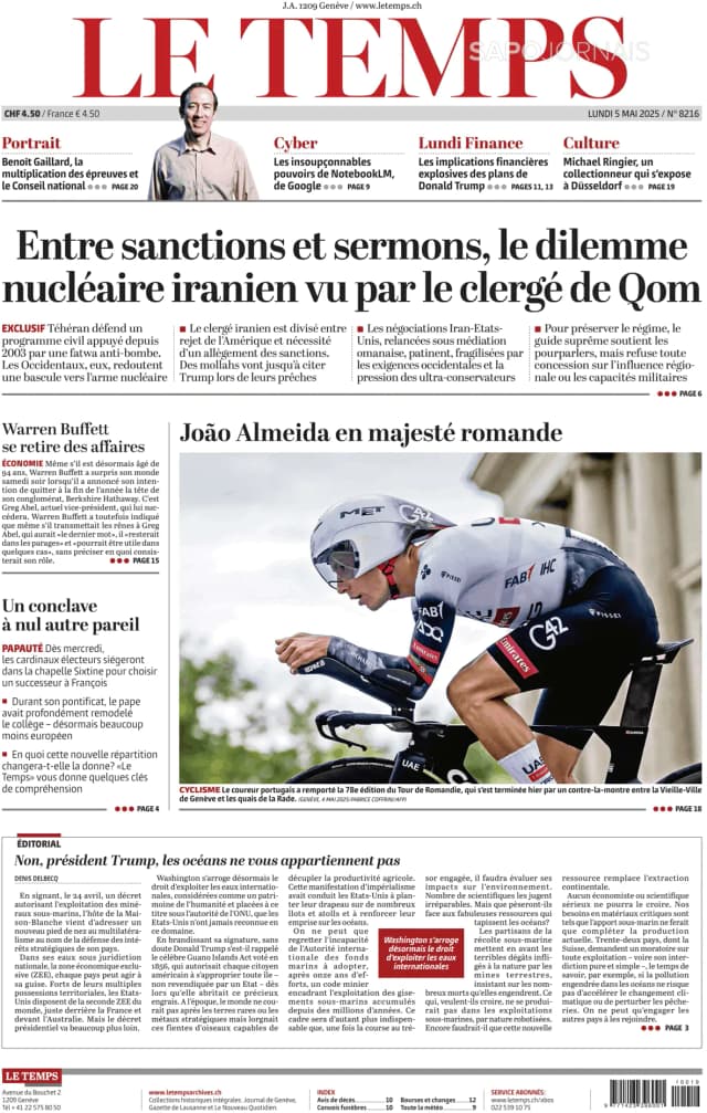 Capa jornal Le Temps 2025-05-05