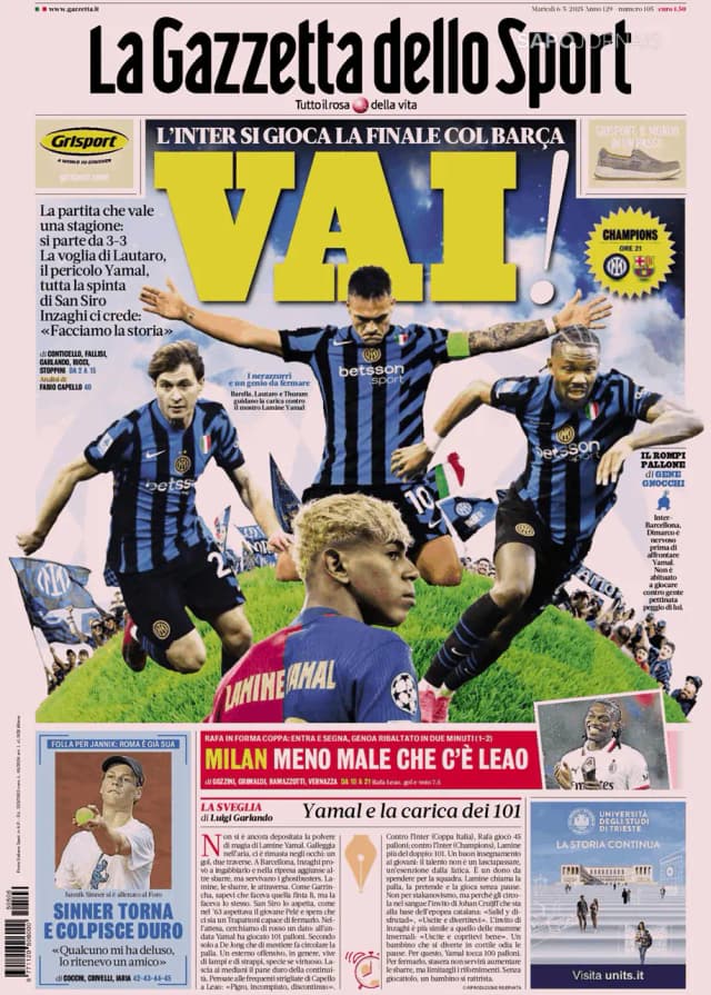 Capa jornal Gazzetta dello Sport 2025-05-06