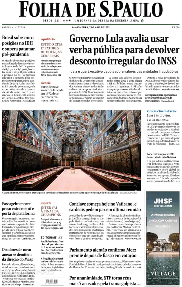 Capa jornal Folha de S. Paulo 2025-05-07
