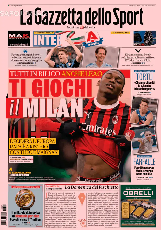Capa jornal Gazzetta dello Sport 2025-05-08