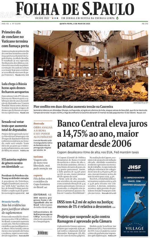 Capa jornal Folha de S. Paulo 2025-05-08