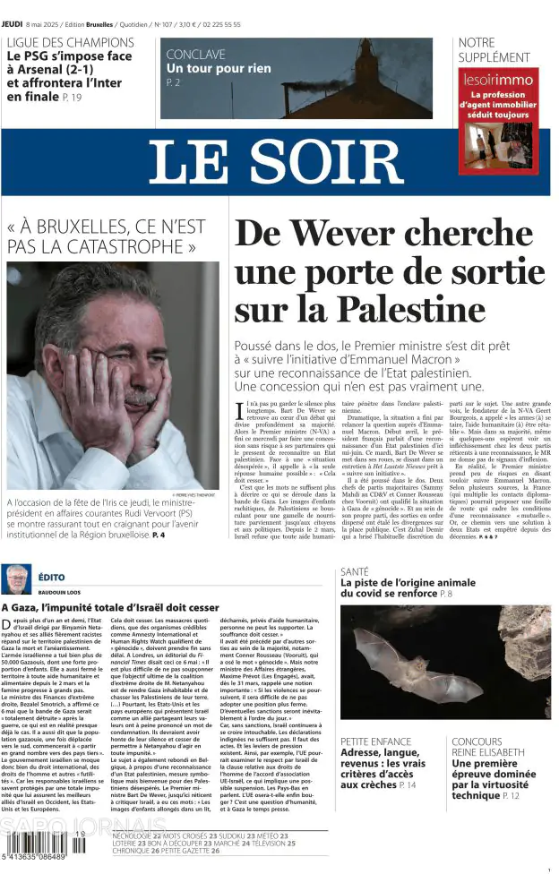 Capa jornal Le Soir 2025-05-08