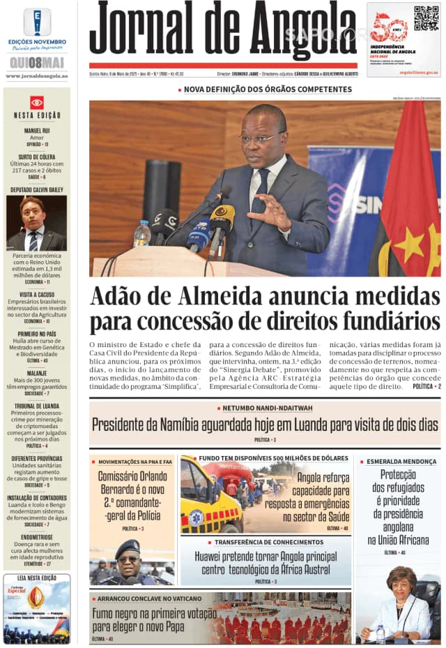 Capa jornal Jornal de Angola 2025-05-08