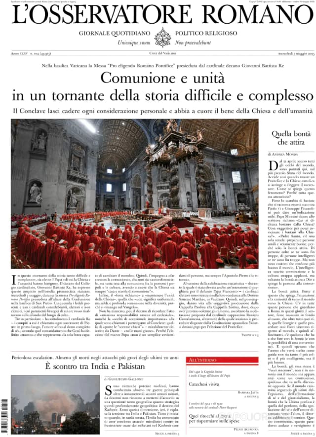 Capa jornal L'Osservatore Romano 2025-05-08