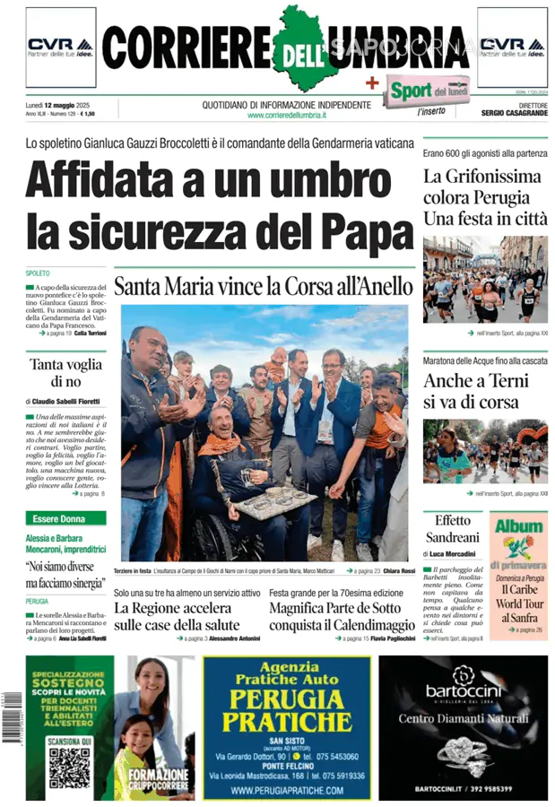 Capa jornal Corriere dell'Umbria 2025-05-12