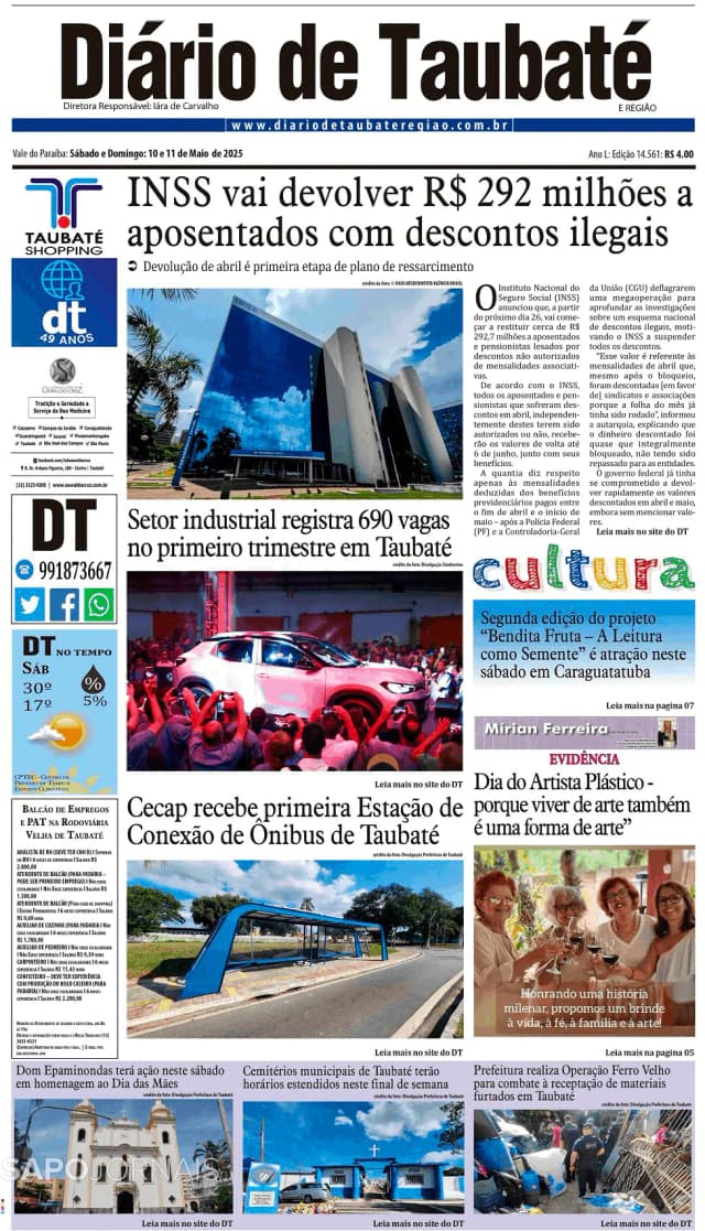 Capa jornal Diário de Taubaté 2025-05-10