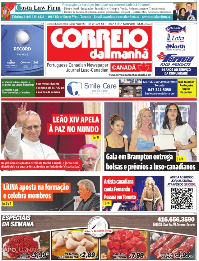 Capa jornal Correio da Manhã-Canada 2025-05-13