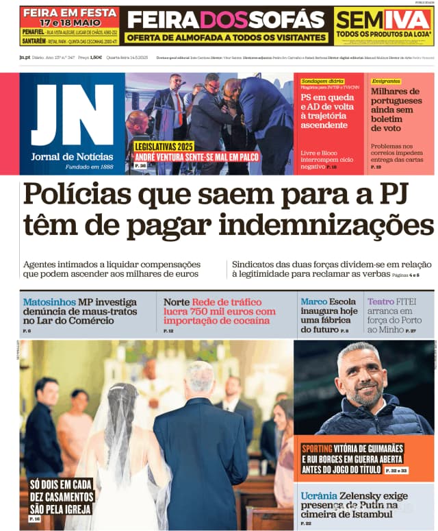 Capa jornal Jornal de Notícias 2025-05-14
