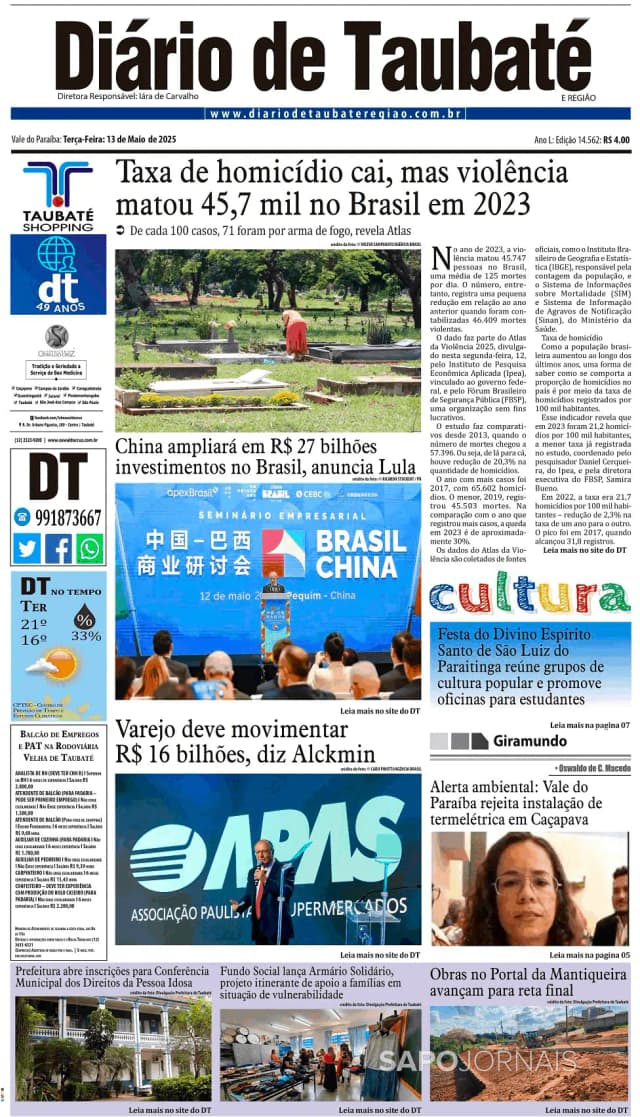 Capa jornal Diário de Taubaté 2025-05-13
