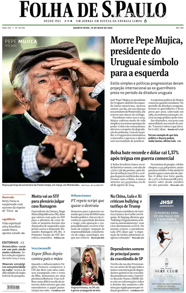 Capa jornal Folha de S. Paulo 2025-05-14