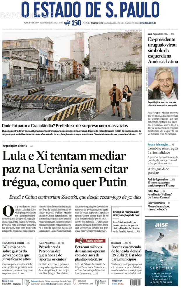 Capa jornal O Estado de S. Paulo 2025-05-14