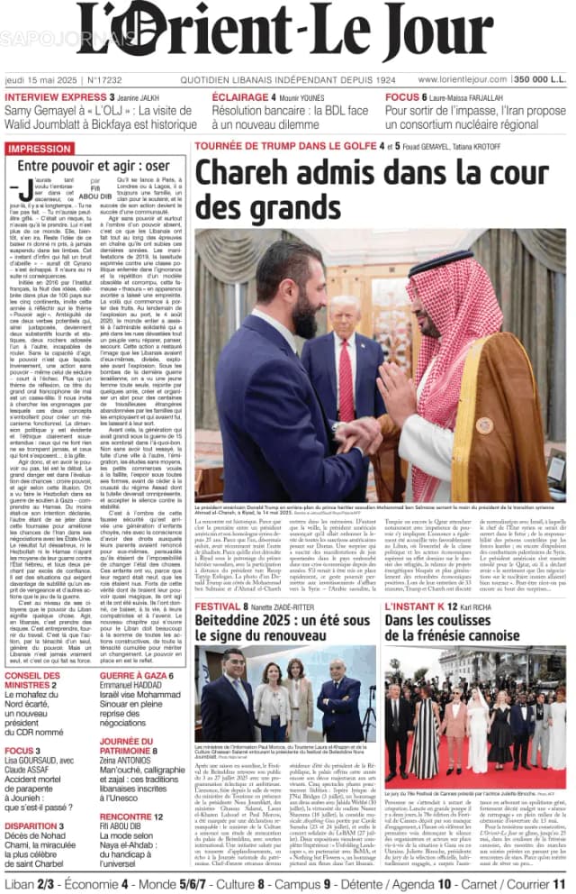 Capa jornal L'orient le jour 2025-05-15