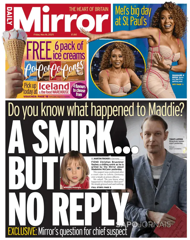 Capa jornal Daily Mirror 2025-05-16