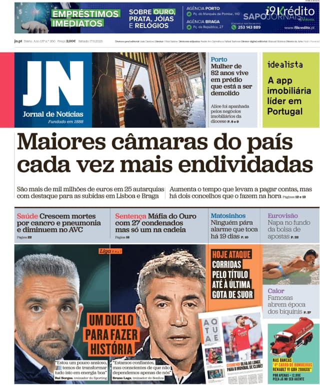 Capa jornal Jornal de Notícias 2025-05-17