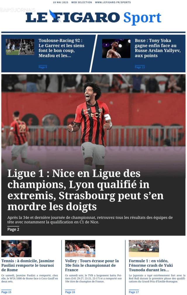 Capa jornal Le Figaro Sport 2025-05-18