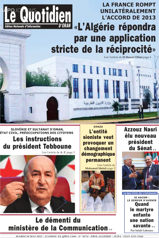 Capa jornal Le Quotidien D’Oran 2025-05-20
