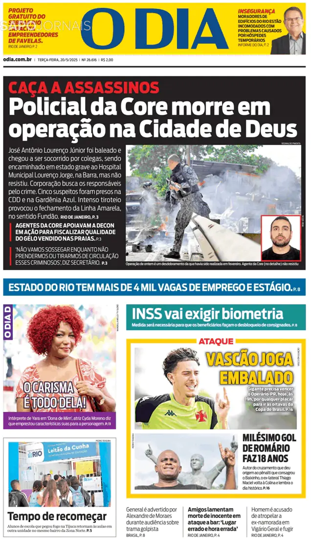 Capa jornal O Dia 2025-05-20