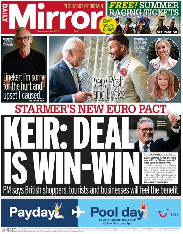 Capa jornal Daily Mirror 2025-05-20
