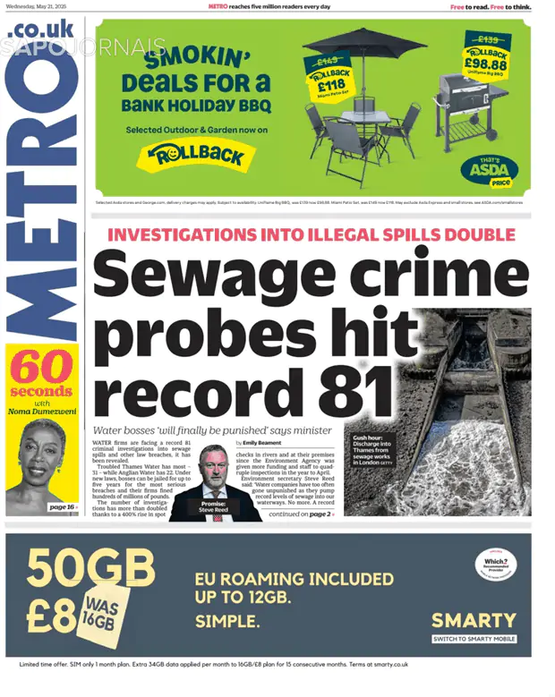 Capa jornal Metro London 2025-05-21