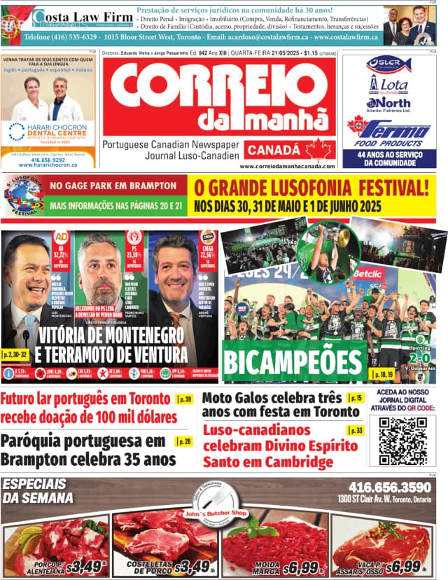 Capa jornal Correio da Manhã-Canada 2025-05-21