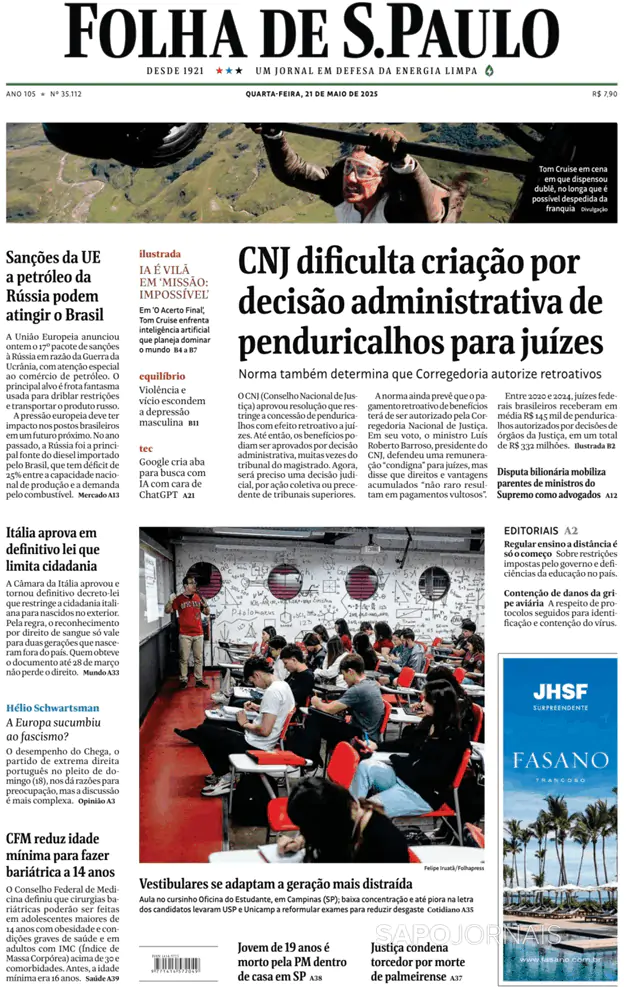 Capa jornal Folha de S. Paulo 2025-05-21