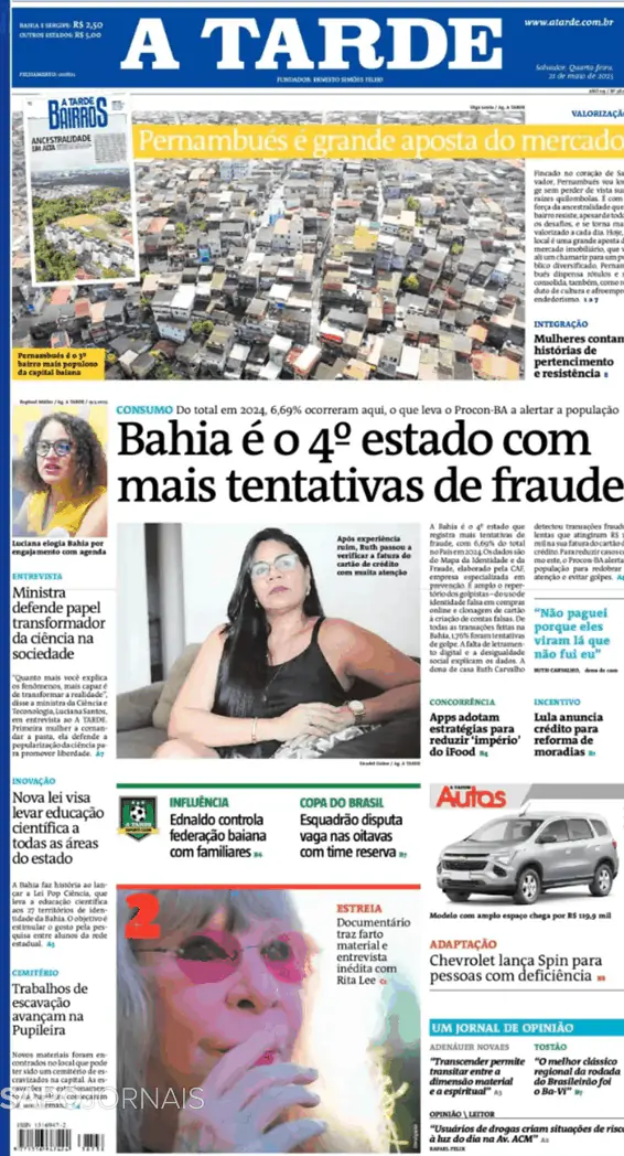 Capa jornal A Tarde 2025-05-21