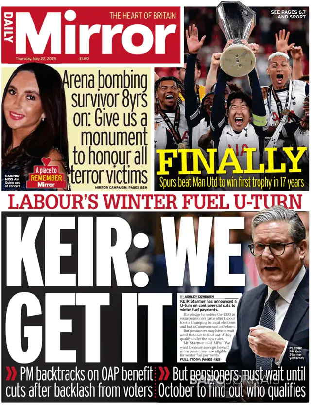 Capa jornal Daily Mirror 2025-05-22