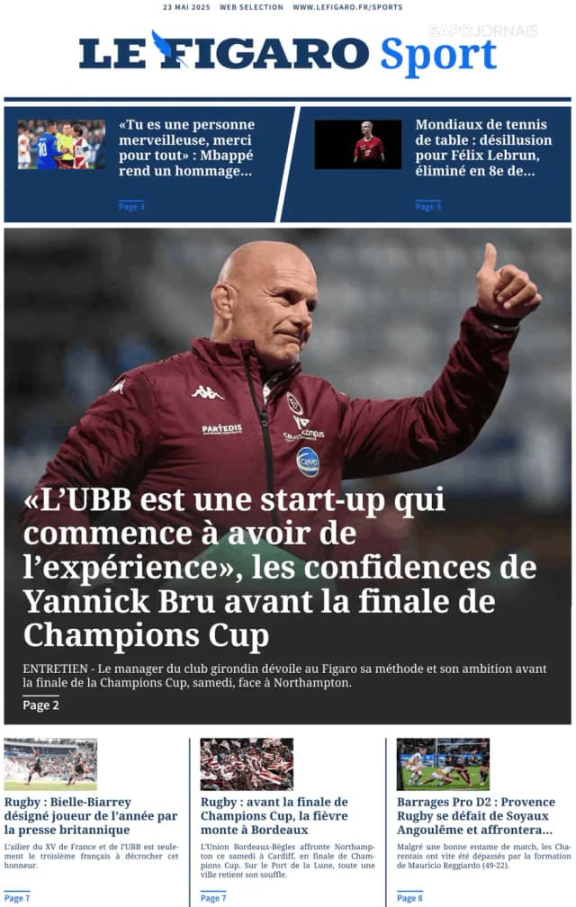 Capa jornal Le Figaro Sport 2025-05-23