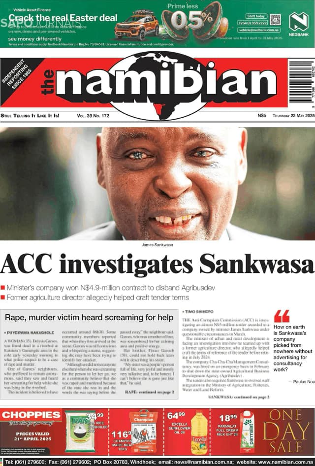 Capa jornal The Namibian 2025-05-22