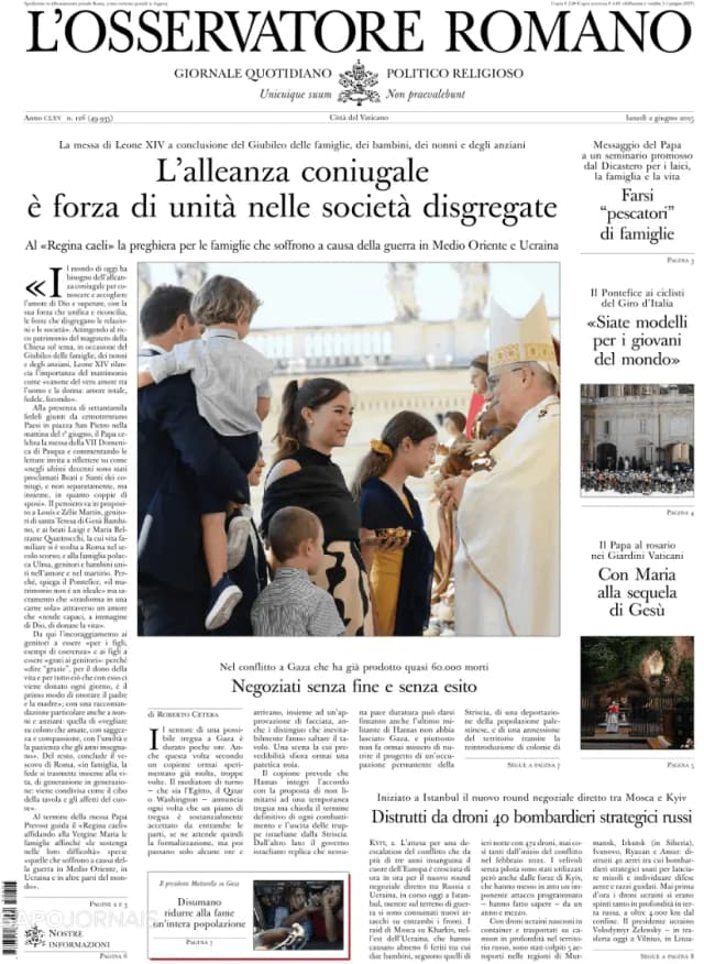 Capa jornal L'Osservatore Romano 2025-06-03