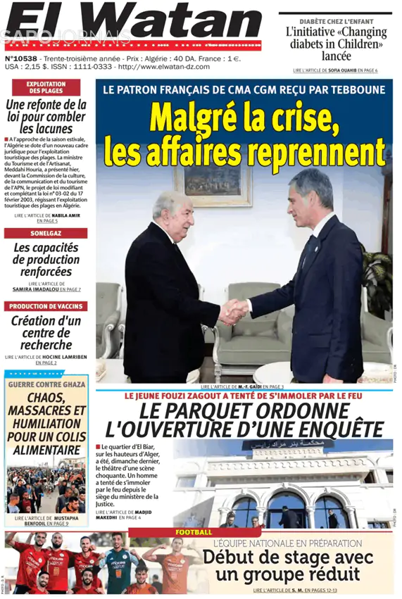 Capa jornal El Watan 2025-06-03