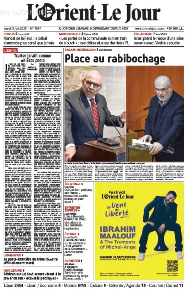 Capa jornal L'orient le jour 2025-06-03